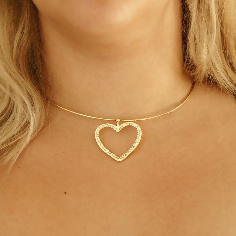 COLAR CHOKER DE ARO COM CORAÇÃO ZIRCONIA FOHEADO OURO
