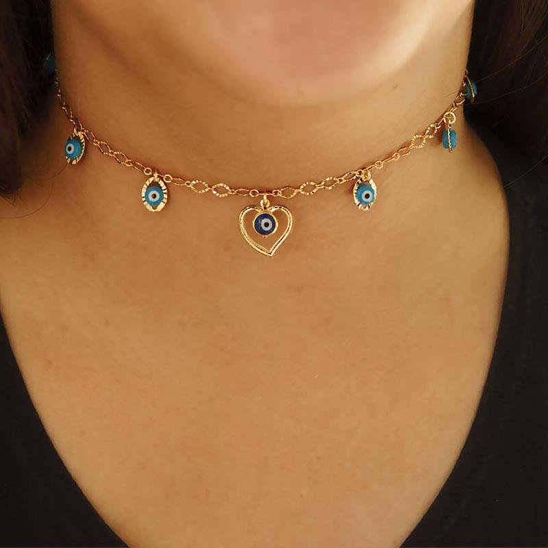 CHOCKER OLHO GREGO FOLHEADA A OURO 