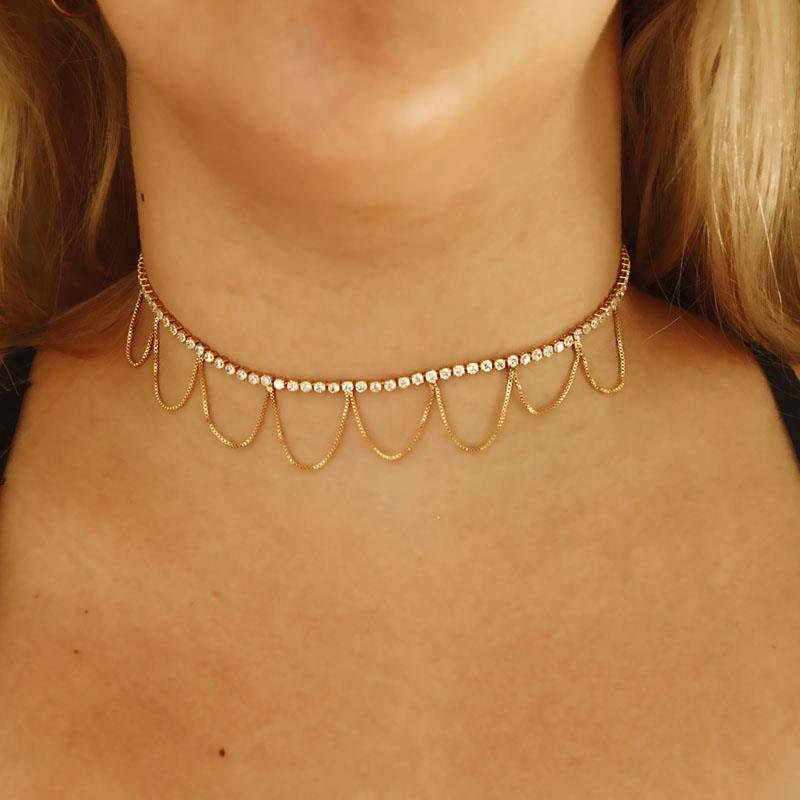 COLAR CHOKER DE STRASS FOLHEADO OURO