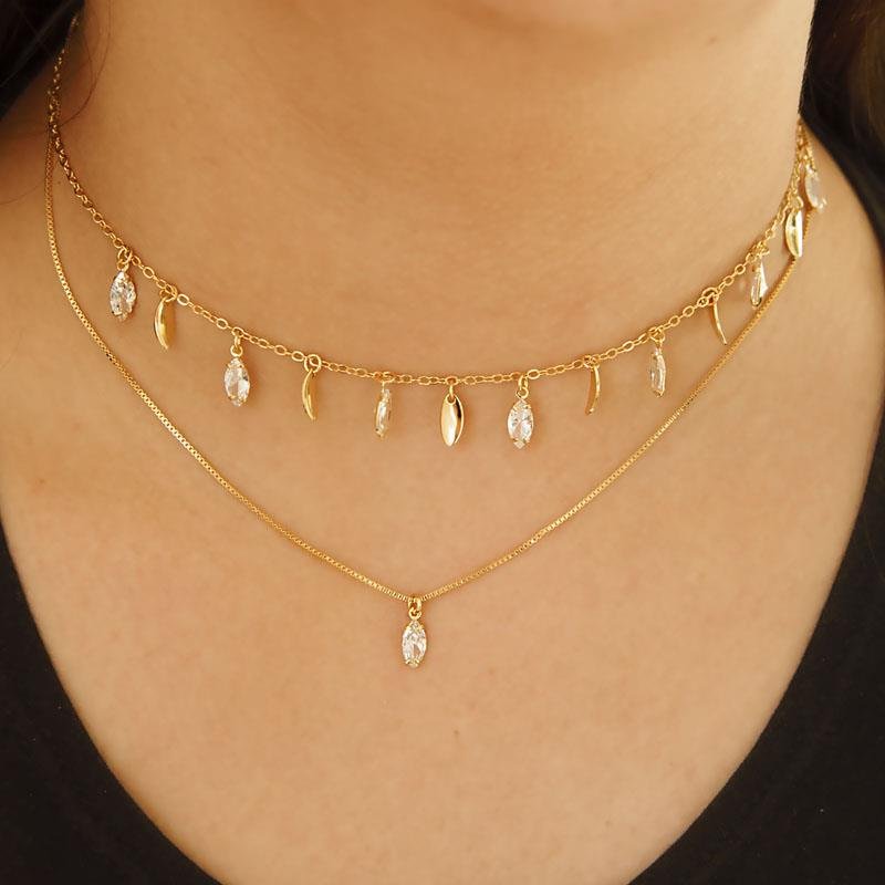 COLAR DUPLO FOLHEADA A OURO CHOCKER NAVETES