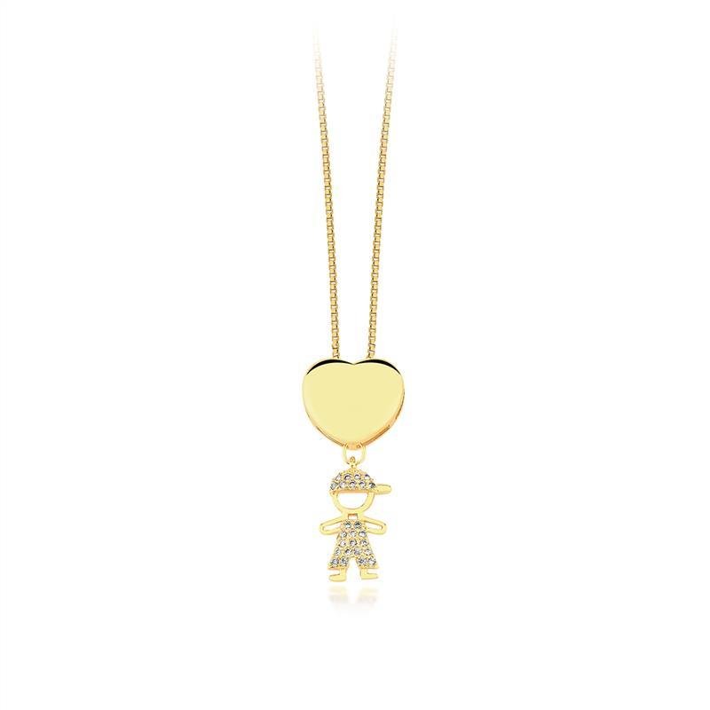 COLAR CORAÇÃO COM UM MENINO FOLHEADO OURO CRAVEJADO COM ZIRCONIA