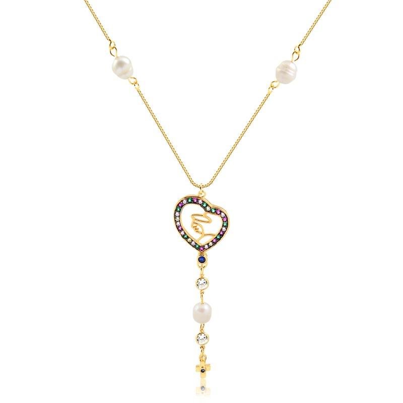 COLAR PEROLA AGUA DOCE COM NOSSA SENHORA CRAVEJADA FOLHEADO PRATA