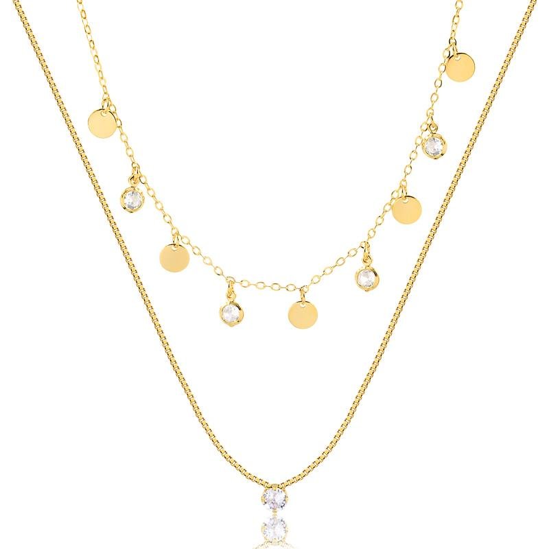 COLAR DUPLO MEDALHA,TIFFANY E PONTO DE LUZ FOLHEADO OURO