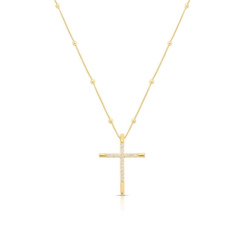 GARGANTILHA BOLINHA CRUZ CRAVEJADA FOLHEADO OURO - CRISTAL