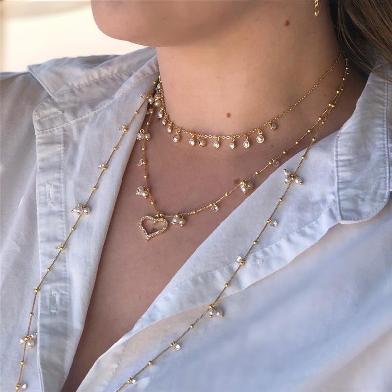 GARGANTILHA BOLINHA COM ZIRCONIAS E PÉROLAS FOLHEADO OURO