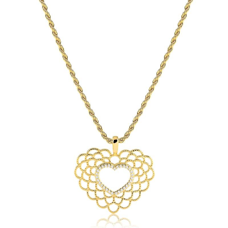 GARGANTILHA CORAÇÃO CRAVEJADO RENDA FOLHEADO OURO