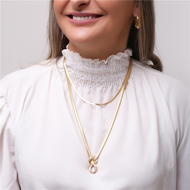 GARGANTILHA MALHA 5MM COM PINGENTE ELO CRAVEJADO FOLHEADO OURO