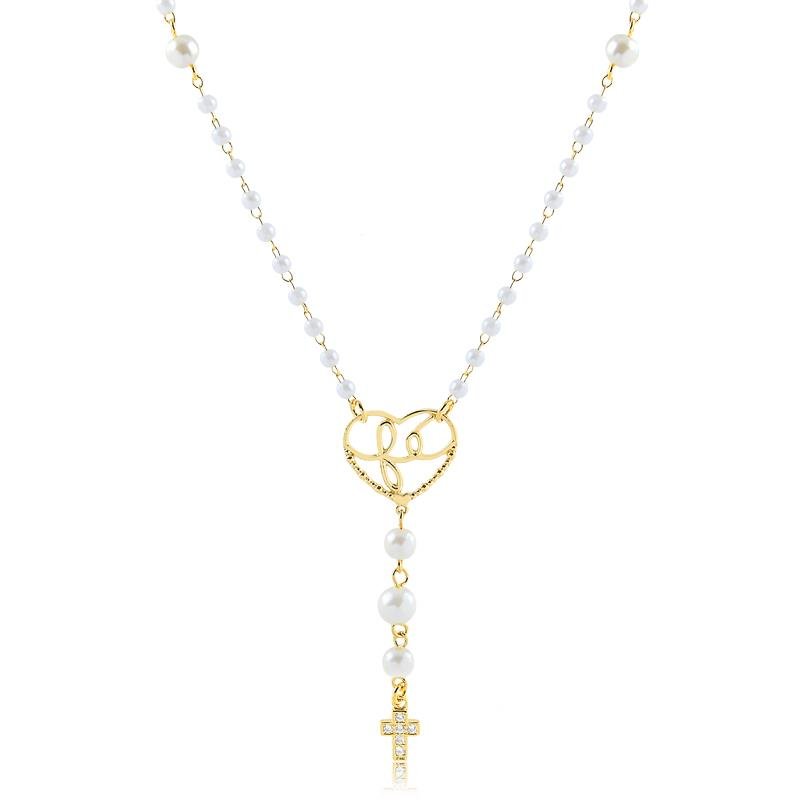 COLAR PÉROLA 3/5MM COM CORAÇÃO FÉ E CRUZ CRAVEJADA FOLHEADO OURO