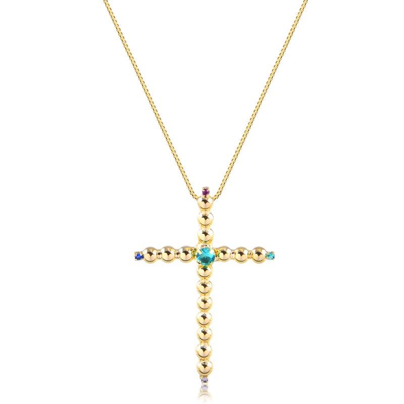 GARGANTILHA VENEZIANA COM CRUZ E ZIRCONIAS COLORIDAS FOLH. OURO 