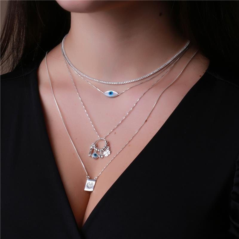 COLAR CORRENTE FURO PASSANTE NAVETE OLHO GREGO PRATA