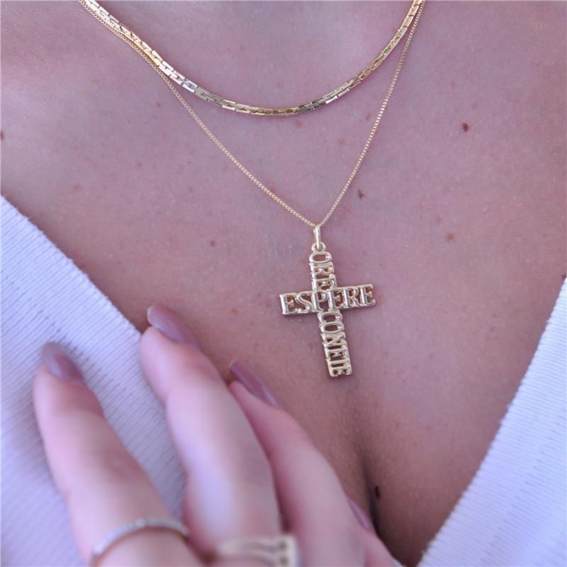 GARGANTILHA ORE, ESPERE, CONFIE CRUZ FOLH. OURO