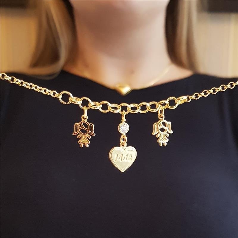 GARGANTILHA ELO PORTUGUES COM CORAÇÃO E DUAS MENINAS BANHADO OURO