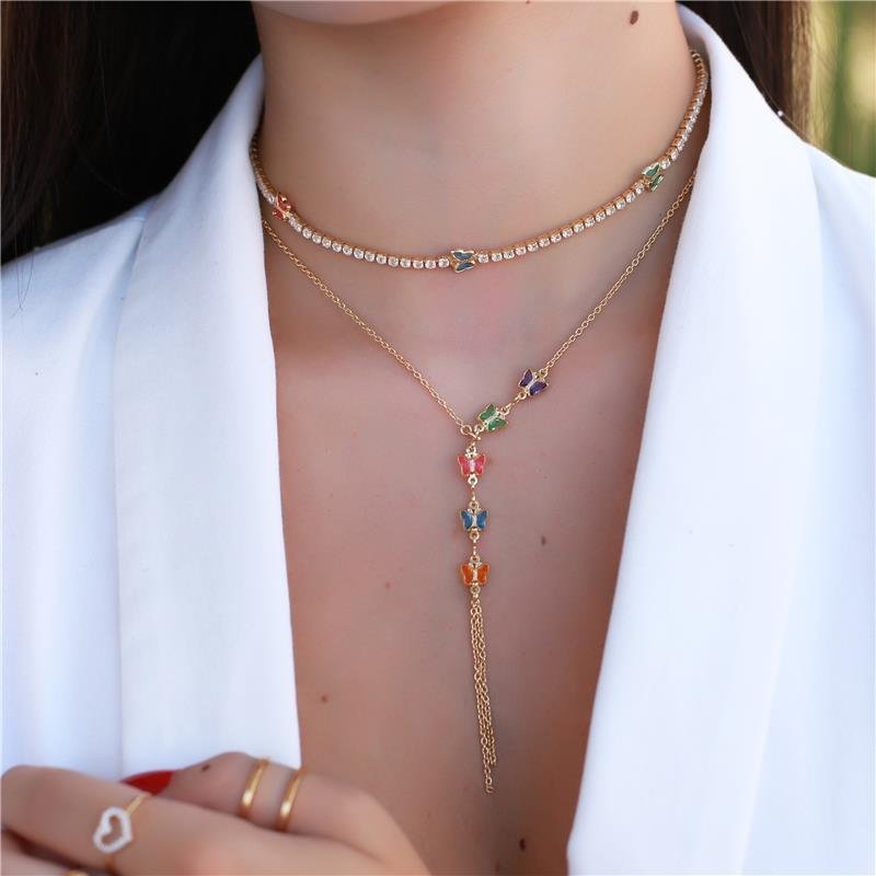 GARGANTILHA GRAVATA COM BORBOLETAS FOLH. OURO