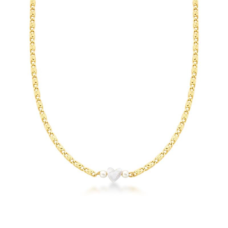 CHOKER MADRE PÉROLA CORAÇÃO BANHADO OURO - .
