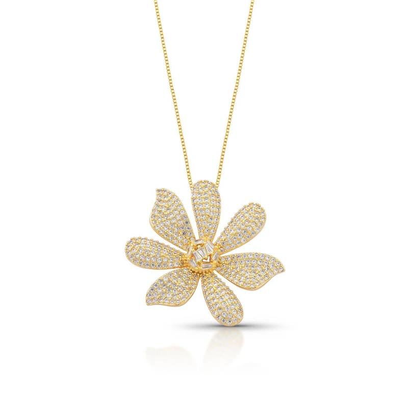 GARGANTILHA FLOR CRAVEJADA BANHADO OURO - CRISTAL
