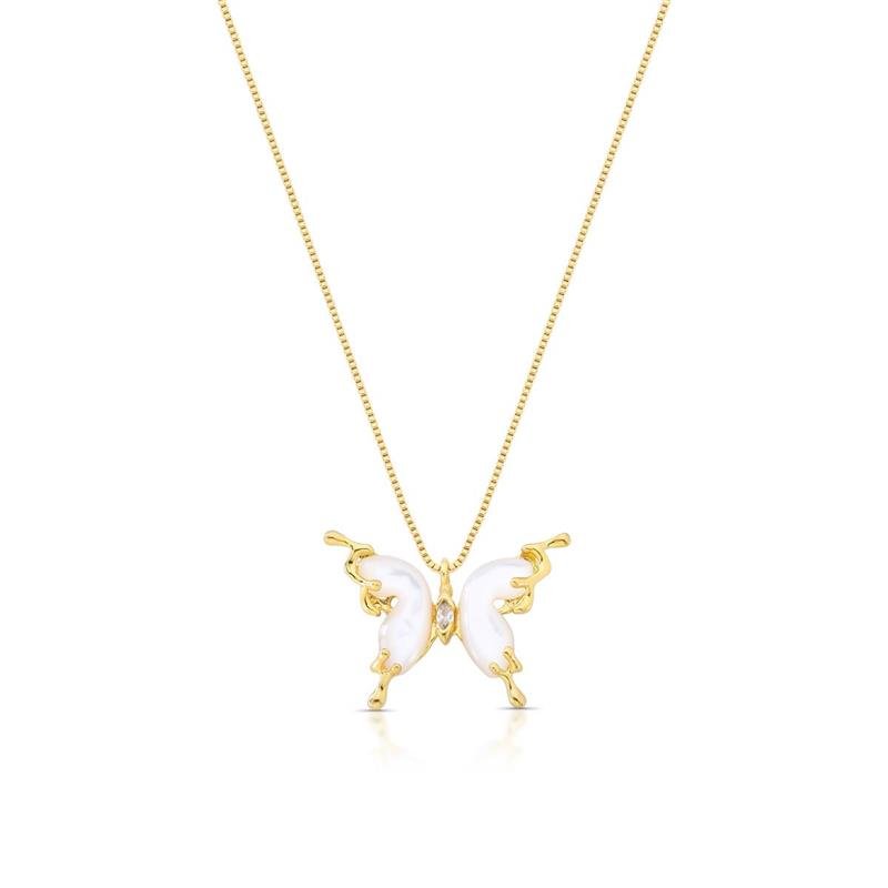 GARGANTILHA BORBOLETA BANHADO OURO - MADRE PÉROLA