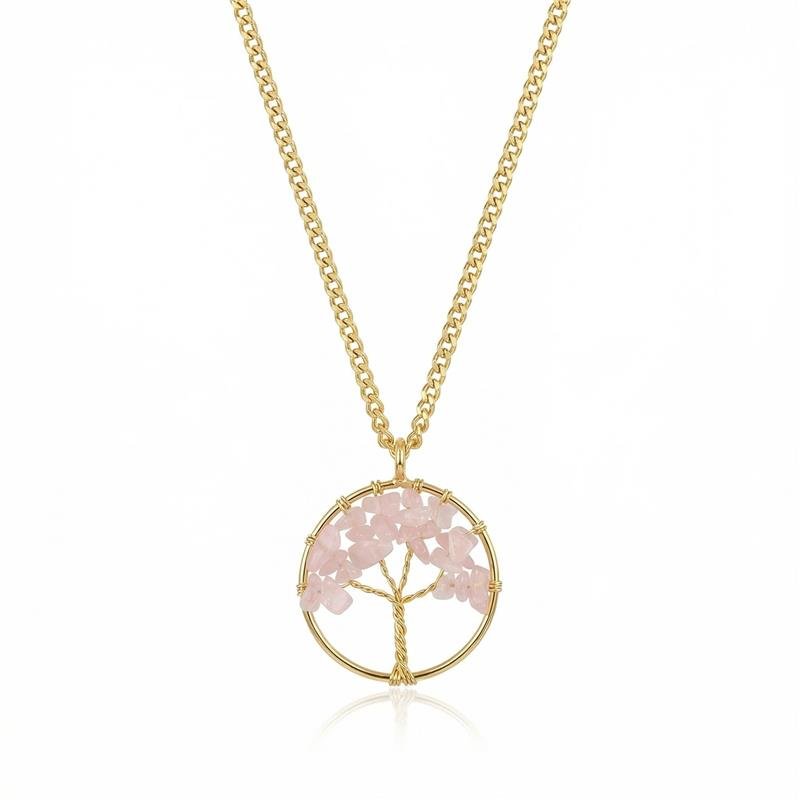 GARGANTILHA ÁRVORE DA VIDA BANHADO OURO - QUARTZO ROSA