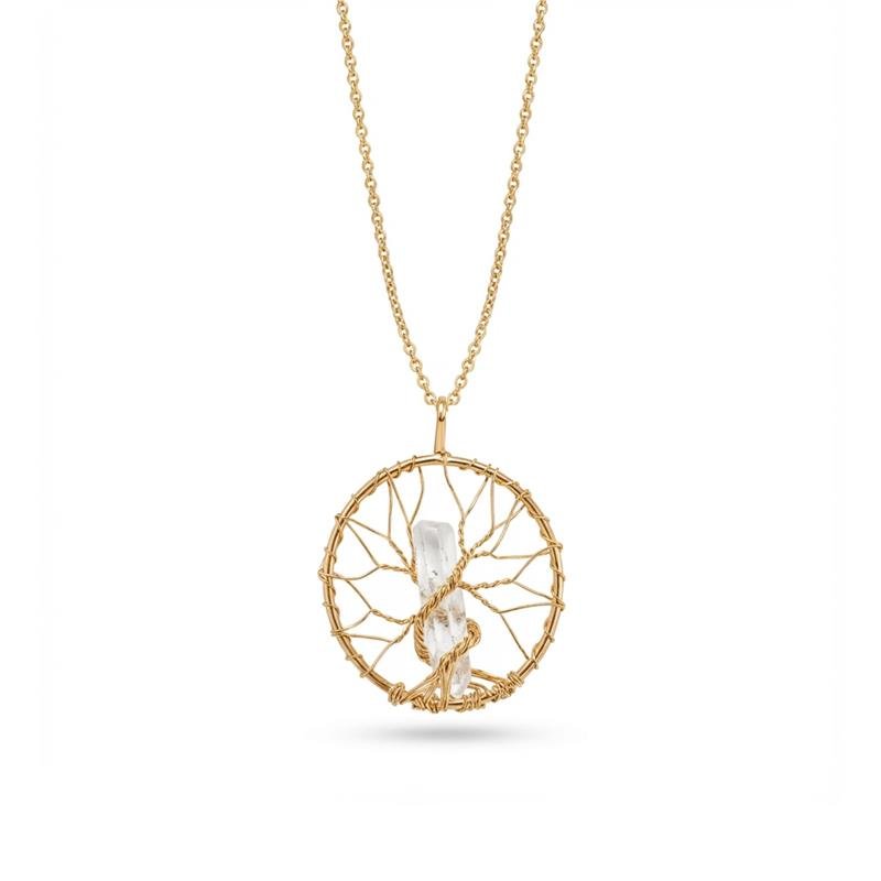 GARGANTILHA ÁRVORE BANHADO OURO - QUARTZO BRANCO