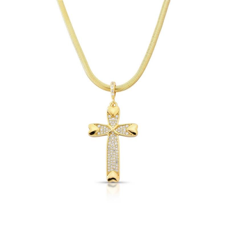 GARGANTILHA CRUZ CRAVEJADA BANHADO OURO - CRISTAL