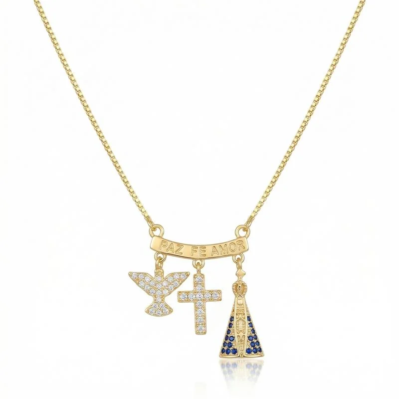 GARGANTILHA PATUÁ NOSSA SRA APARECIDA BANHADO OURO - AZUL/CRISTAL