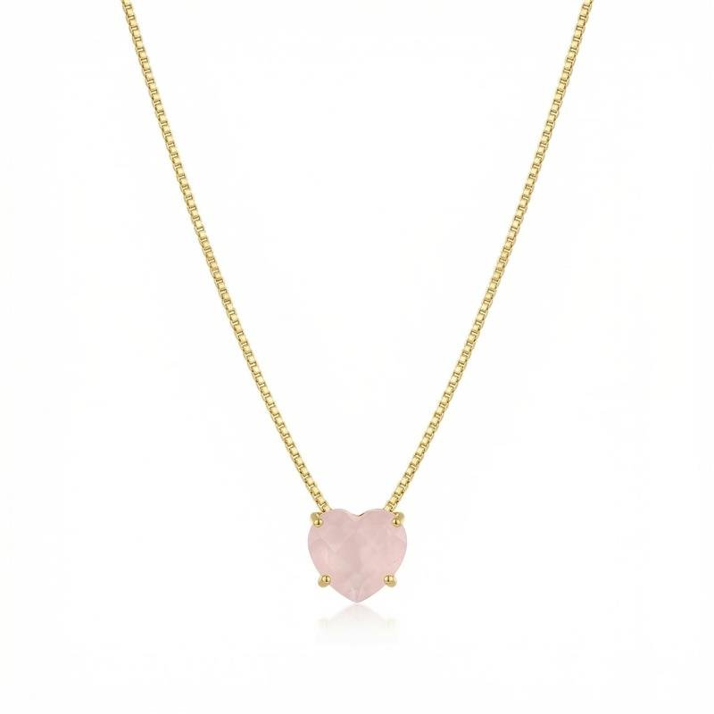 GARGANTILHA PEDRA CORAÇÃO BANHADO OURO - ROSA