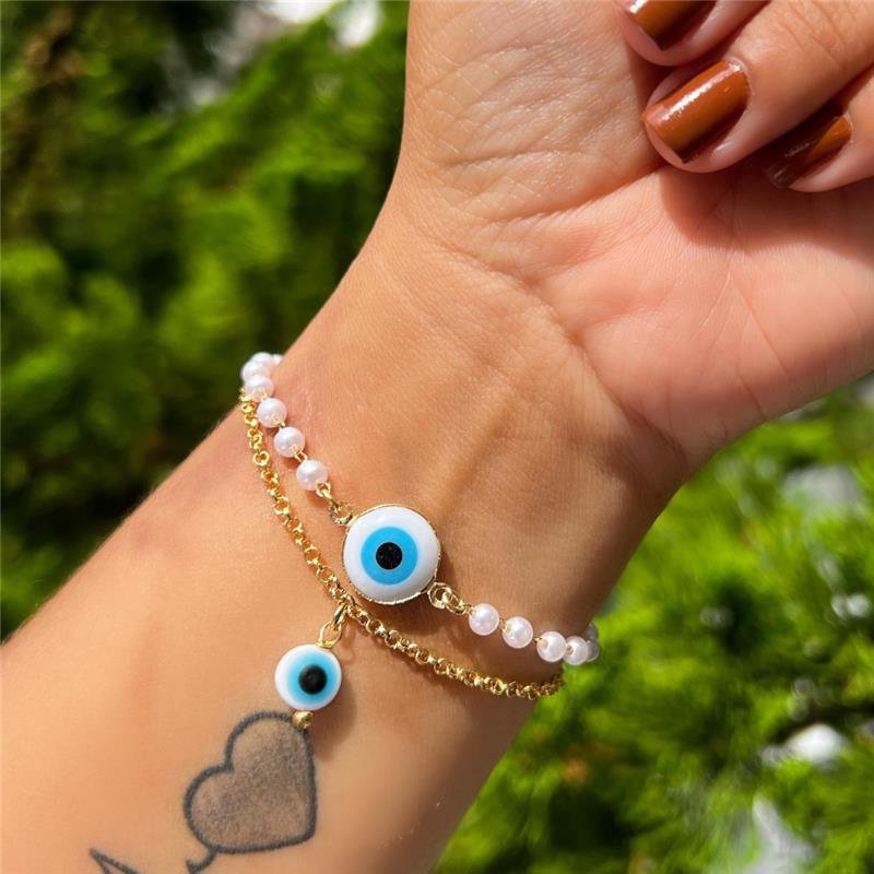PULSEIRA ELO PORTUGUÊS OLHO GREGO FOLHEADO OURO