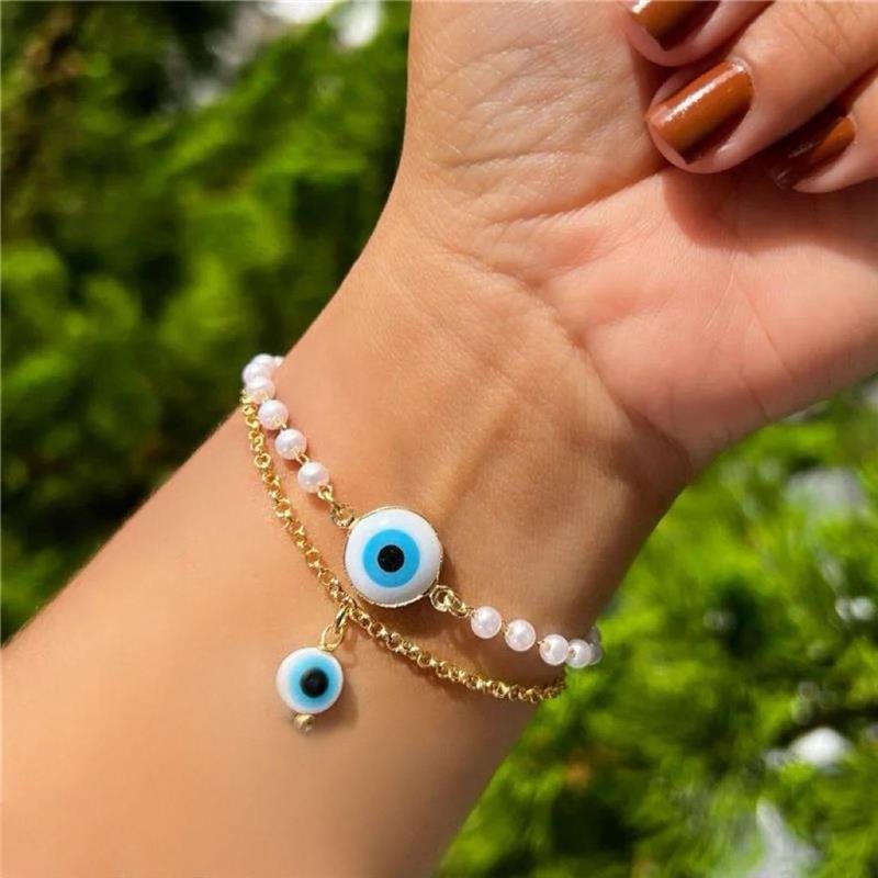PULSEIRA ELO PORTUGUÊS OLHO GREGO FOLHEADO OURO
