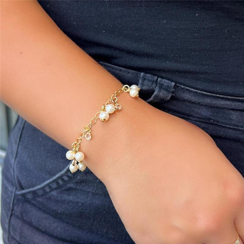 PULSEIRA PÉROLAS COM PONTOS DE LUZ FOLHEADO A OURO