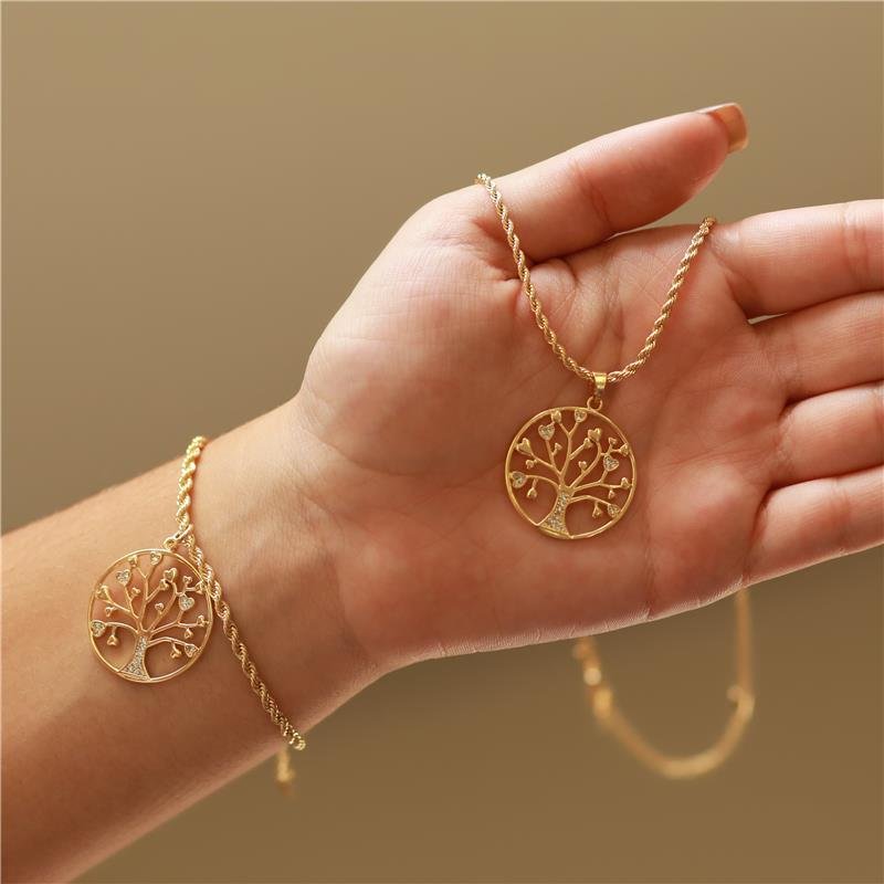 PULSEIRA CORDÃO BAIANO 2MM COM PINGENTE ÁRVORE DA VIDA FOLH. OURO