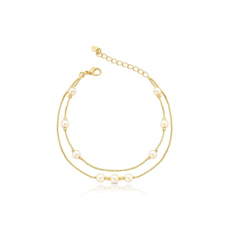 PULSEIRA DUPLA PÉROLAS BANHADO OURO - .