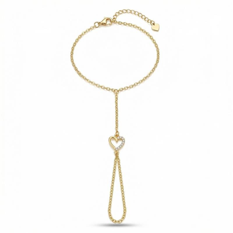 PULSEIRA HAND CHAIN CORAÇÃO BANHADO OURO - CRISTAL