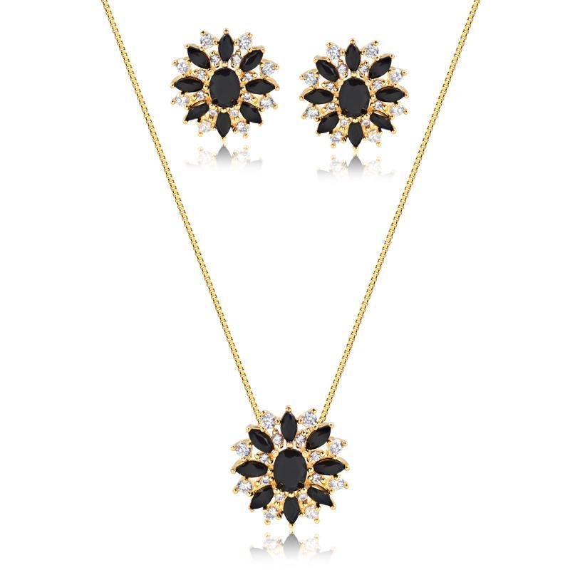 CONJUNTO CRAVEJADO EM ZIRCONIA FOLHEADO A OURO 