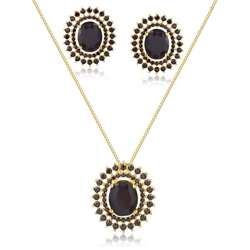 CONJUNTO OVAL CRAVEJADO EM ZIRCÔNIAS FOLHEADO A OURO