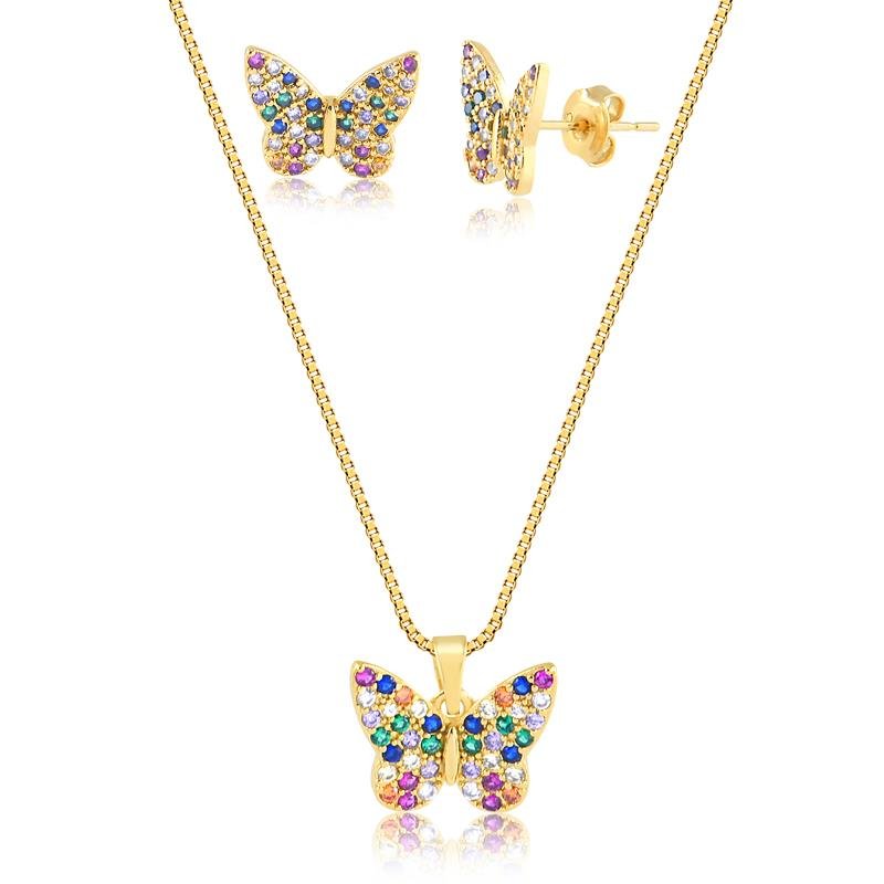 CONJUNTO BORBOLETA CRAVEJADO FOLHEADO OURO