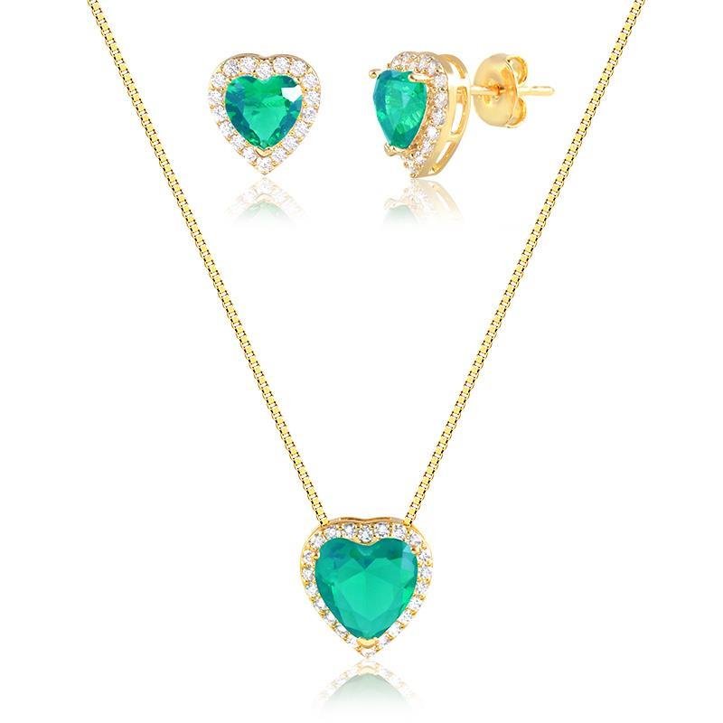 CONJUNTO PEDRA CORAÇÃO BANHADO OURO - TURMALINA/CRISTAL