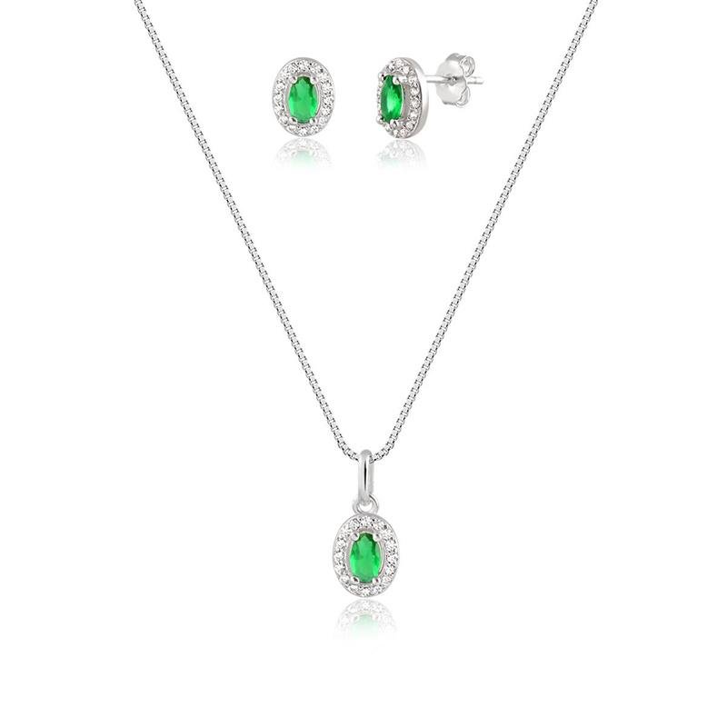 CONJUNTO OVAL PRATA 925 - VERDE/CRISTAL