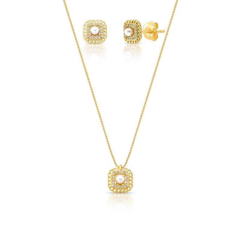CONJUNTO PÉROLA BANHADO OURO - CRISTAL