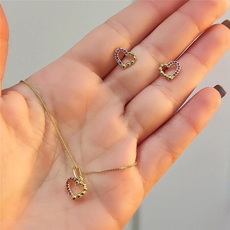 CONJUNTO CORAÇÃO BANHADO OURO