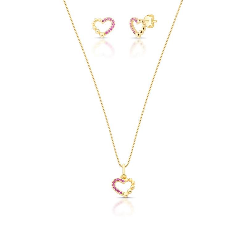 CONJUNTO CORAÇÃO BANHADO OURO - ROSA