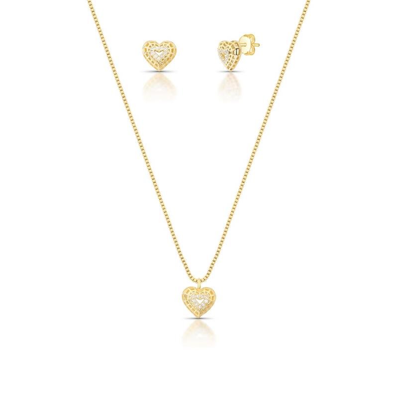 CONJUNTO CORAÇÃO CRAVEJADO BANHADO OURO - CRISTAL