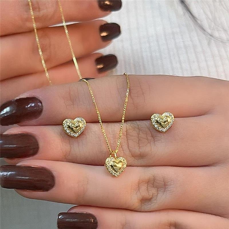 CONJUNTO CORAÇÃO BANHADO OURO