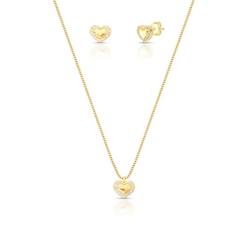 CONJUNTO CORAÇÃO BANHADO OURO - CRISTAL