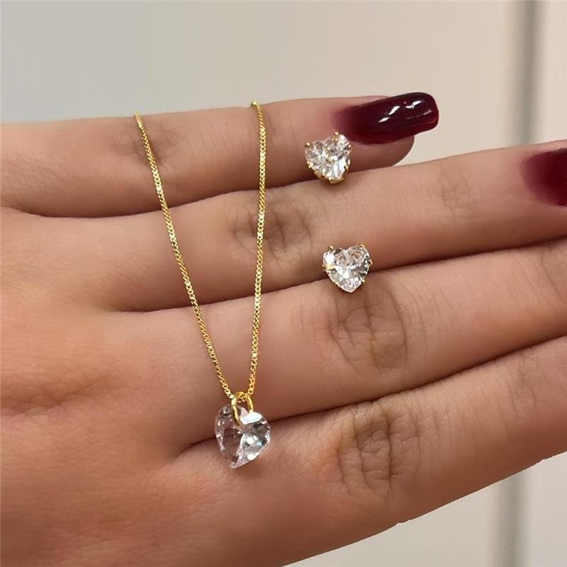 CONJUNTO CORAÇÃO BANHADO OURO