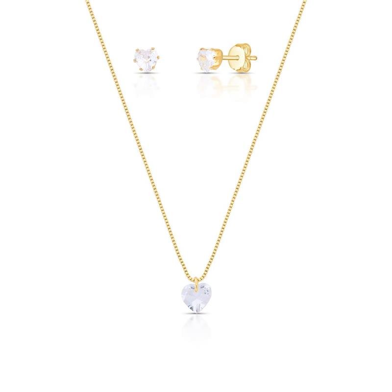 CONJUNTO CORAÇÃO BANHADO OURO - CRISTAL
