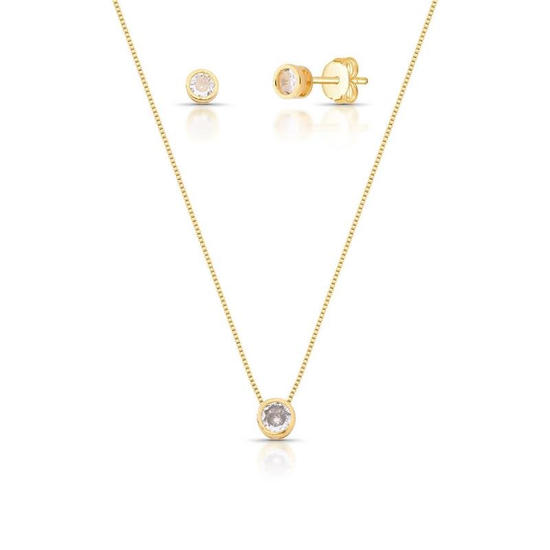 CONJUNTO PONTO DE LUZ CRAVAÇÃO INGLESA BANHADO OURO - CRISTAL