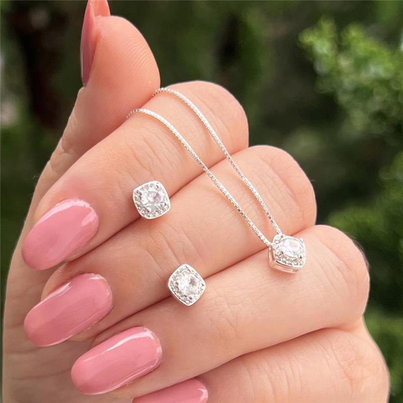 CONJUNTO QUADRADO CRAVEJADO PRATA 925