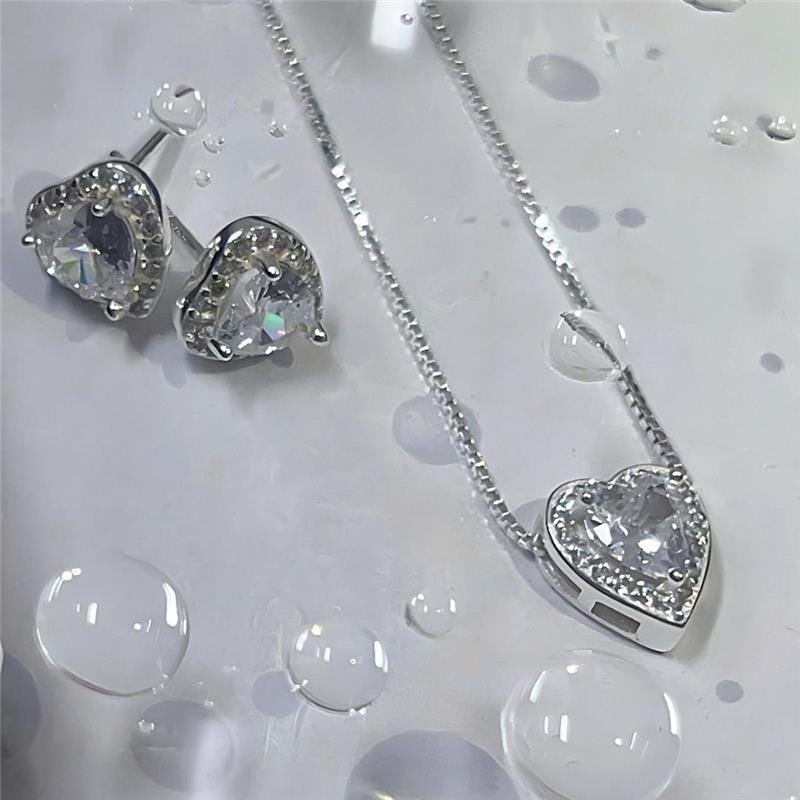 CONJUNTO CORAÇÃO CRAVEJADO PRATA 925