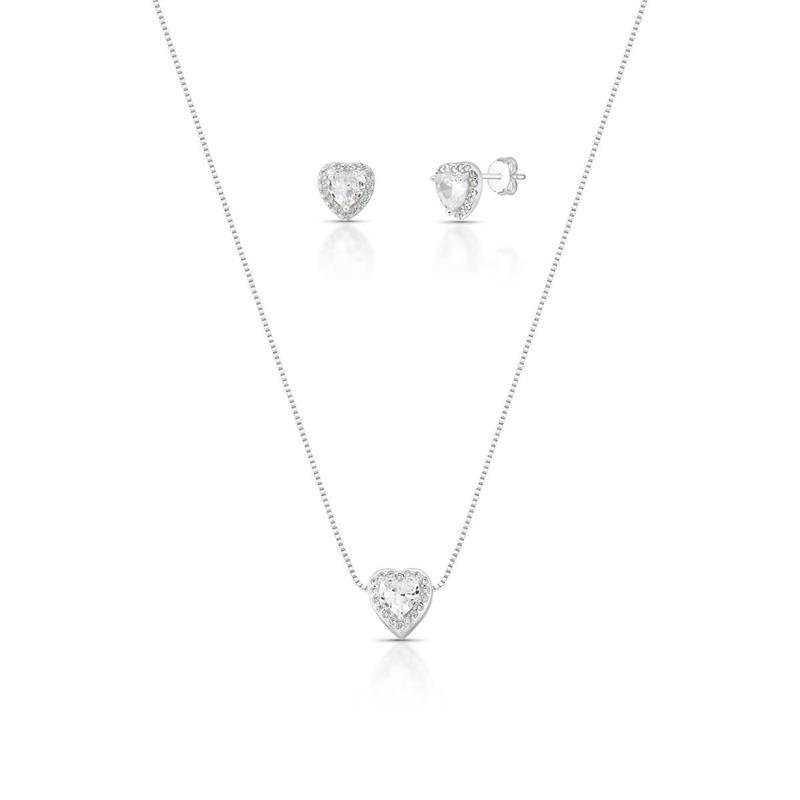CONJUNTO CORAÇÃO CRAVEJADO PRATA 925 - CRISTAL