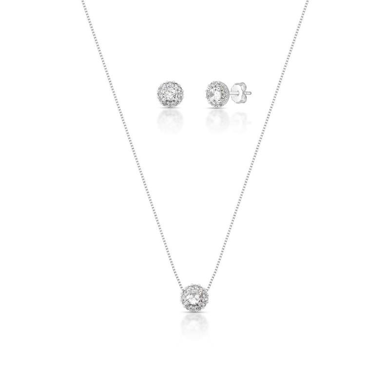 CONJUNTO REDONDO CRAVEJADO PRATA 925 - CRISTAL