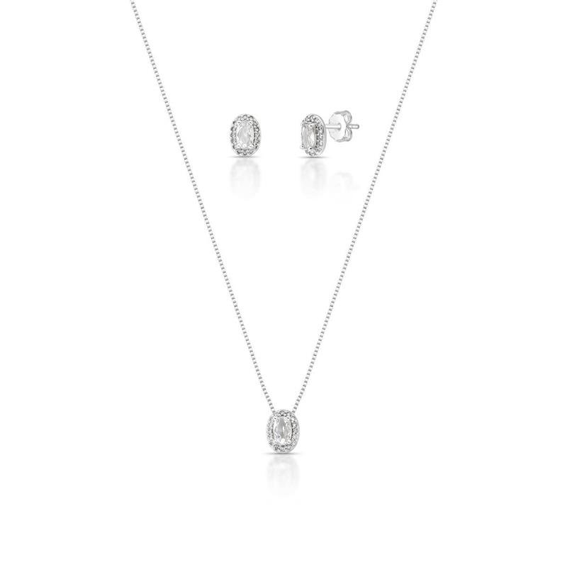 CONJUNTO OVAL CRAVEJADO PRATA 925 - CRISTAL